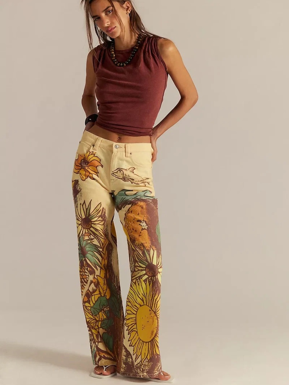 We The Free Sunflower Print Wide-Leg Jeans in Cream and Brown